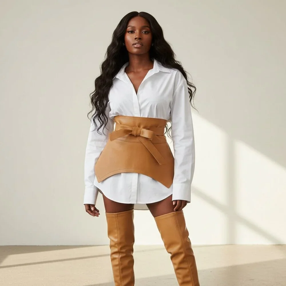 Camel Faux Leather Skirt Belt | Wide Waist Wrap Belt | Statement Bow Tie